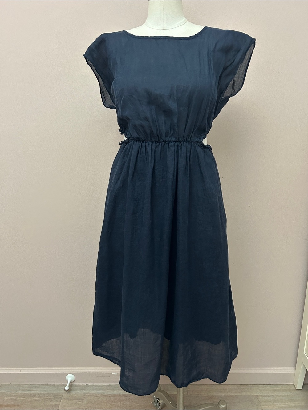 Rebecca Taylor Linen Navy Midi Dress cut out size XS